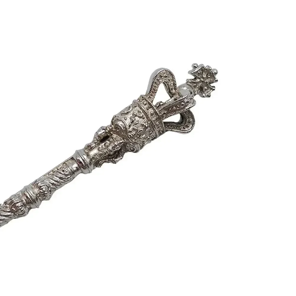Crown Cross Scepter Staff Long Brooch Pin Silver Tone Vintage